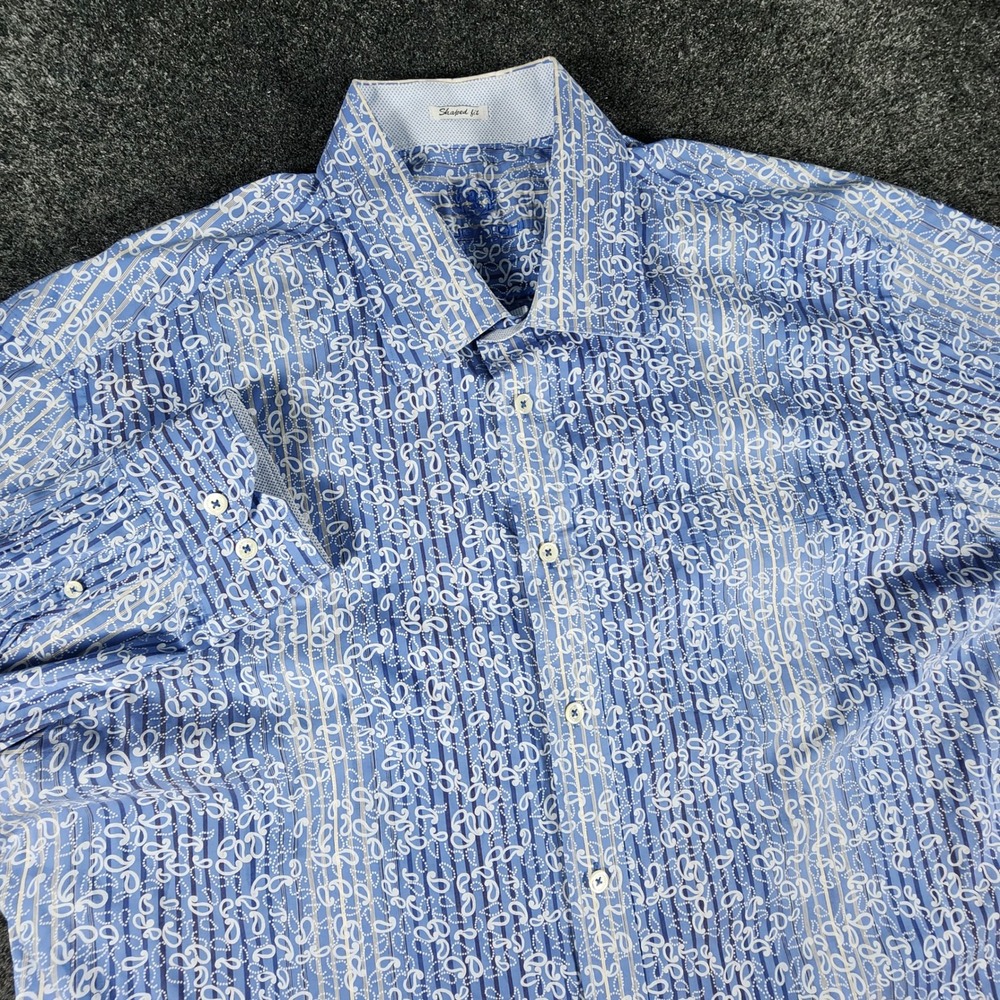 Bugatchi Shaped Fit Button Down Shirt Mens XL Blue‎ Paisley Striped Textured